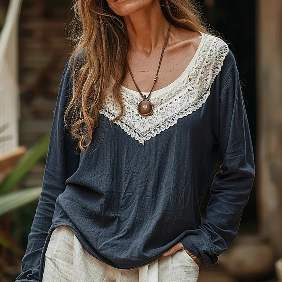 Elegant Lace Embroidery Floral Art Long Sleeve Cozy Tunic elevenforest