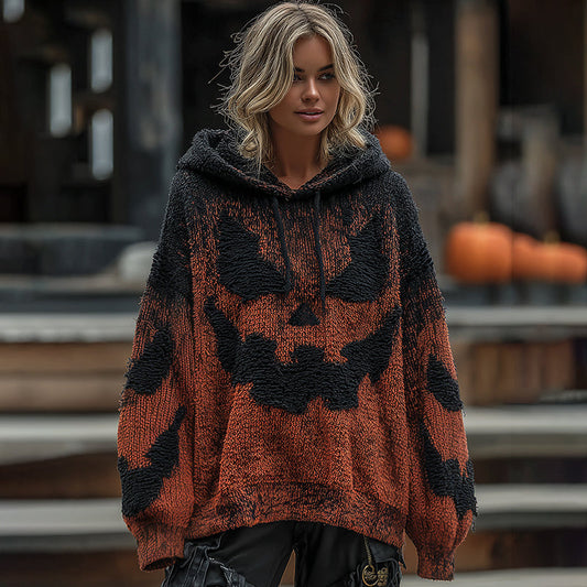 Women's Halloween Spooky Face Gradient Inspired Chunky Knit Hooded Sweater artswardrobe