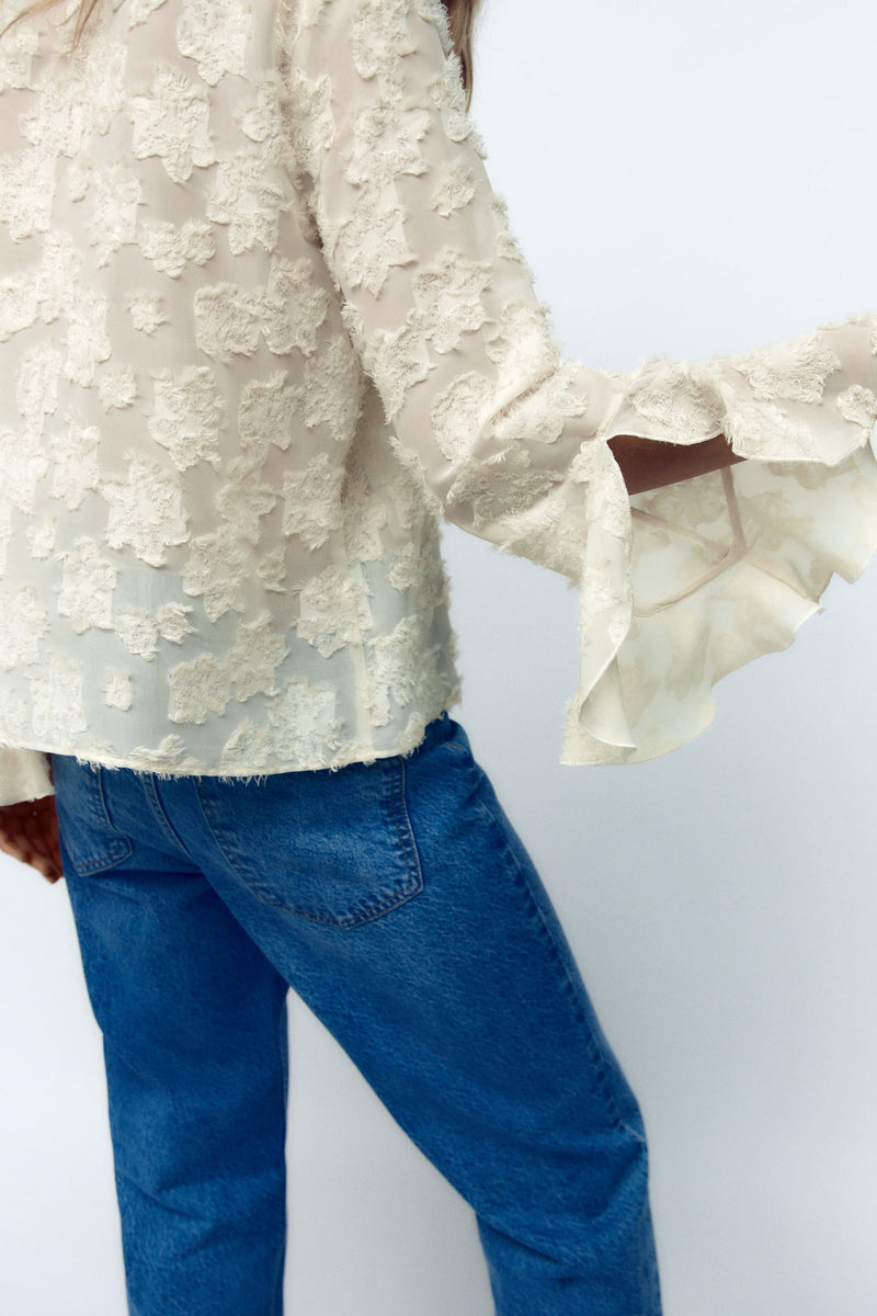 Lace Flared Sleeve Ruffle V-neck Pearl Button Blouse