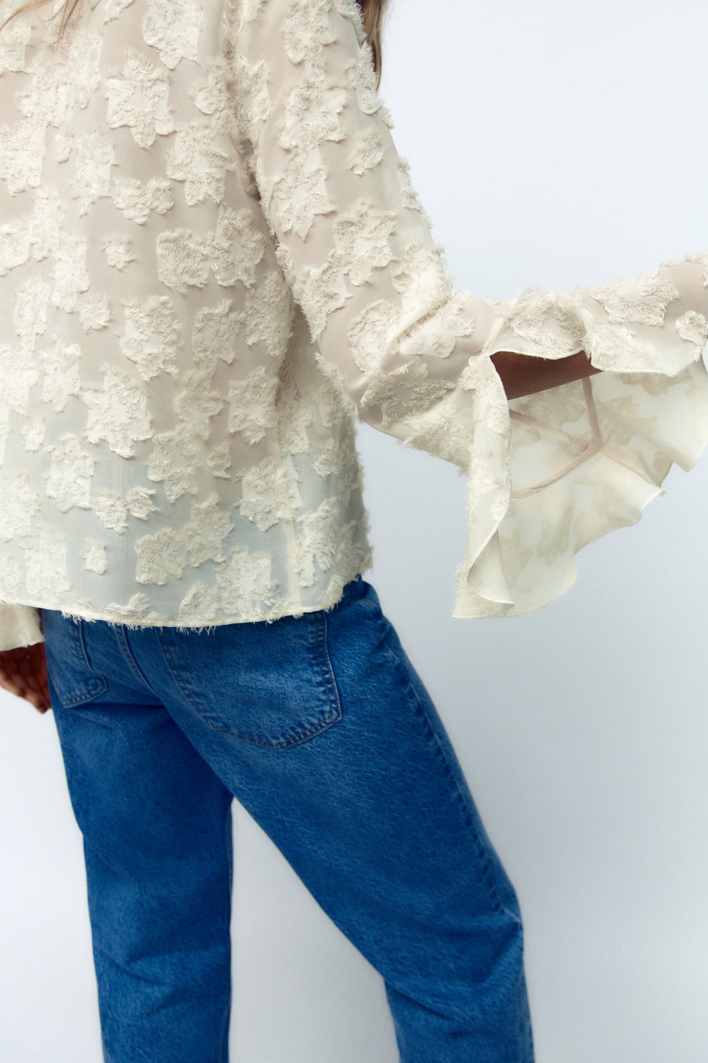 Lace Flared Sleeve Ruffle V-neck Pearl Button Blouse