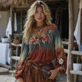 Vintage Boho Tribal Floral Embroidery Print Cotton And Linen Blend Loose Blouse elevenforest