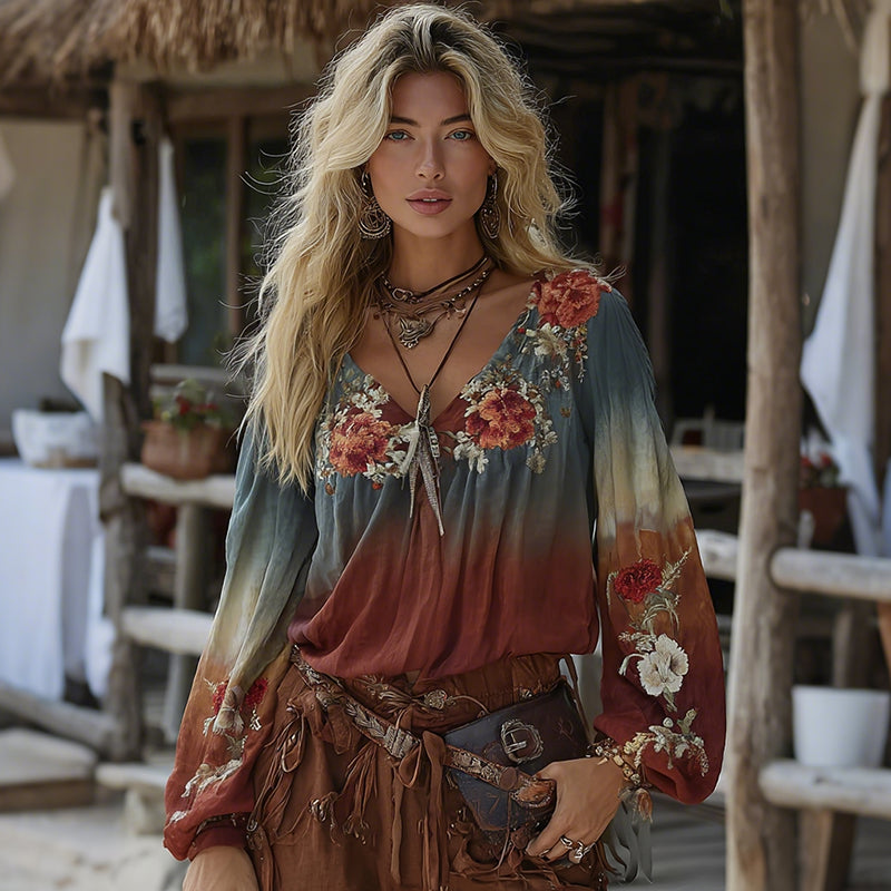 Vintage Boho Tribal Floral Embroidery Print Cotton And Linen Blend Loose Blouse elevenforest