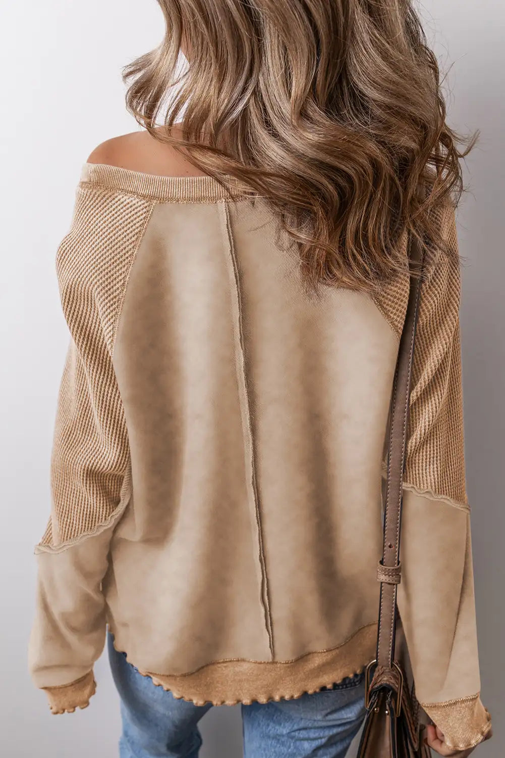 French Beige Waffle Knit Raglan Sweatshirt