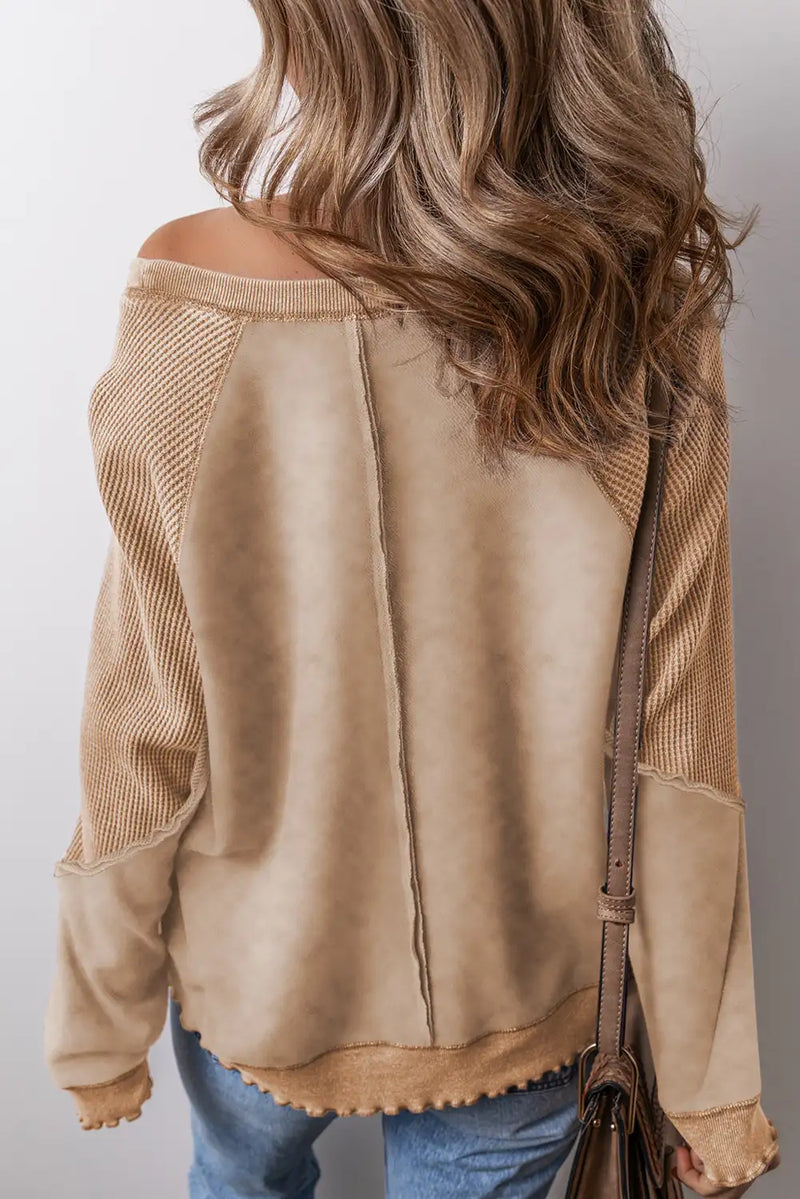 French Beige Waffle Knit Raglan Sweatshirt