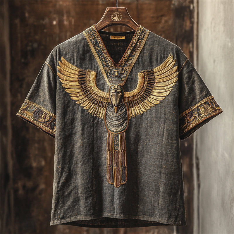 Horus Wings Ancient Egyptian Embroidered Linen Shirt elevenforest