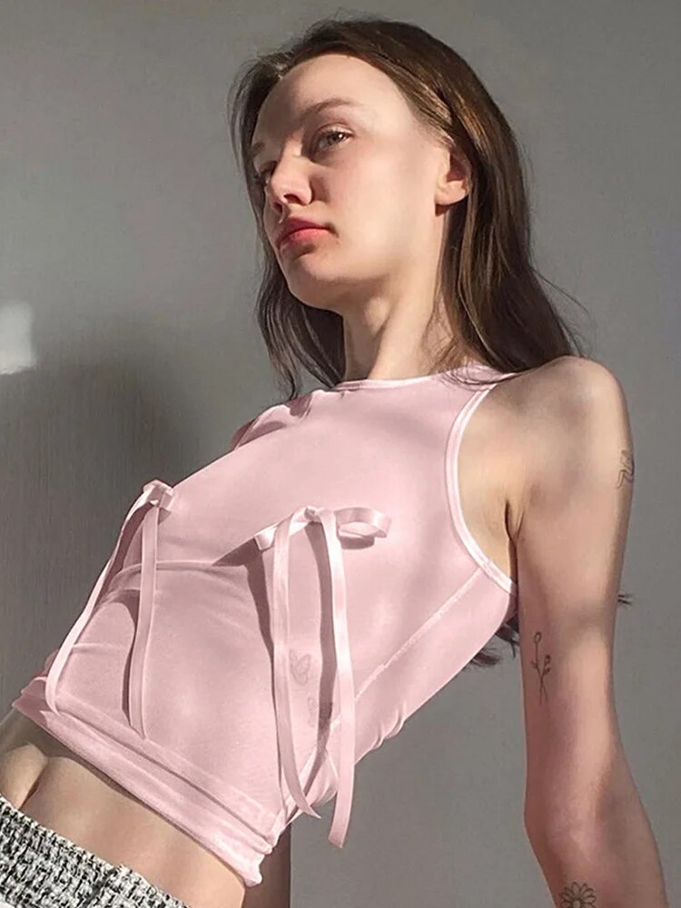 Pink Top Bow Crop Top Female Sleeveless Vests Y2k Fairy Grunge Summer Color Tube Top Baby Tees ’s Clothing