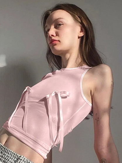 Pink Top Bow Crop Top Female Sleeveless Vests Y2k Fairy Grunge Summer Color Tube Top Baby Tees ’s Clothing