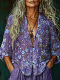 Women's Purple Consciousness Floral Design Print V-neck Shirt
