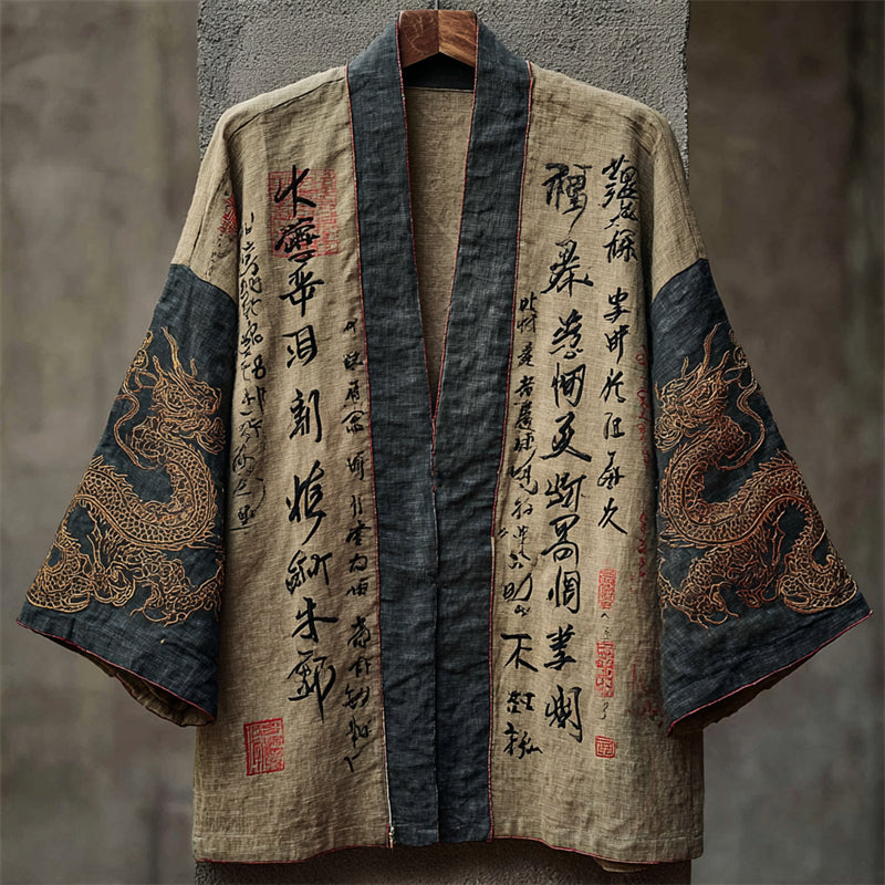 Japanese Golden Dragons Calligraphy Art Contrast Linen Kimono elevenforest
