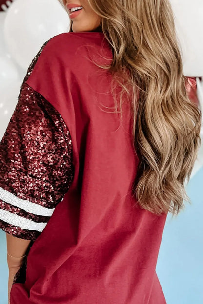Patchwork Sequins O Neck T-shirts(4 Colors)