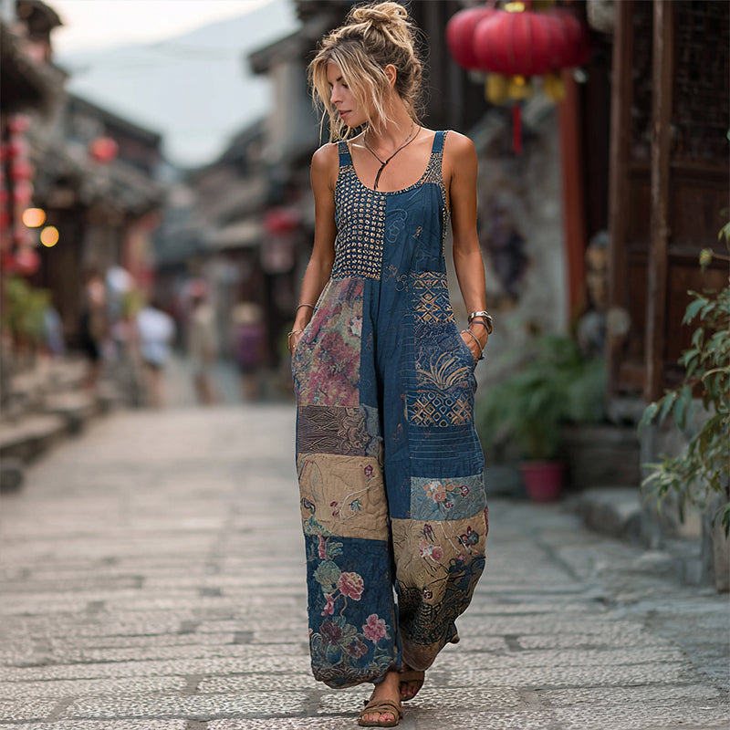 Women's Japanese-style Floral Linen Sleeveless Jumpsuit elevenforest