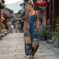 Women's Japanese-style Floral Linen Sleeveless Jumpsuit elevenforest