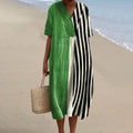 Striped Print V-Neck Loose Midi Dress elevenforest
