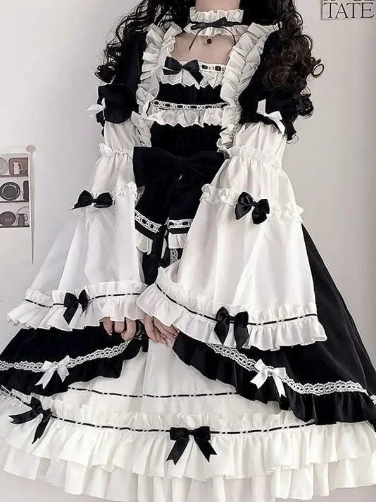 Contrast Color Japanese Dress Ruffled Patchwork High Waist Fairy Robe Y2k Aesthetic Sweet Dresses Vestido De Mujer