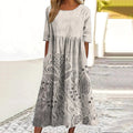 Comstylish Lace Flower Print Round Neck Short Sleeve Midi Dress