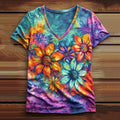 Comstylish Women's Tie-dye Sunflower Floral Art Casual V-neck T-shirt