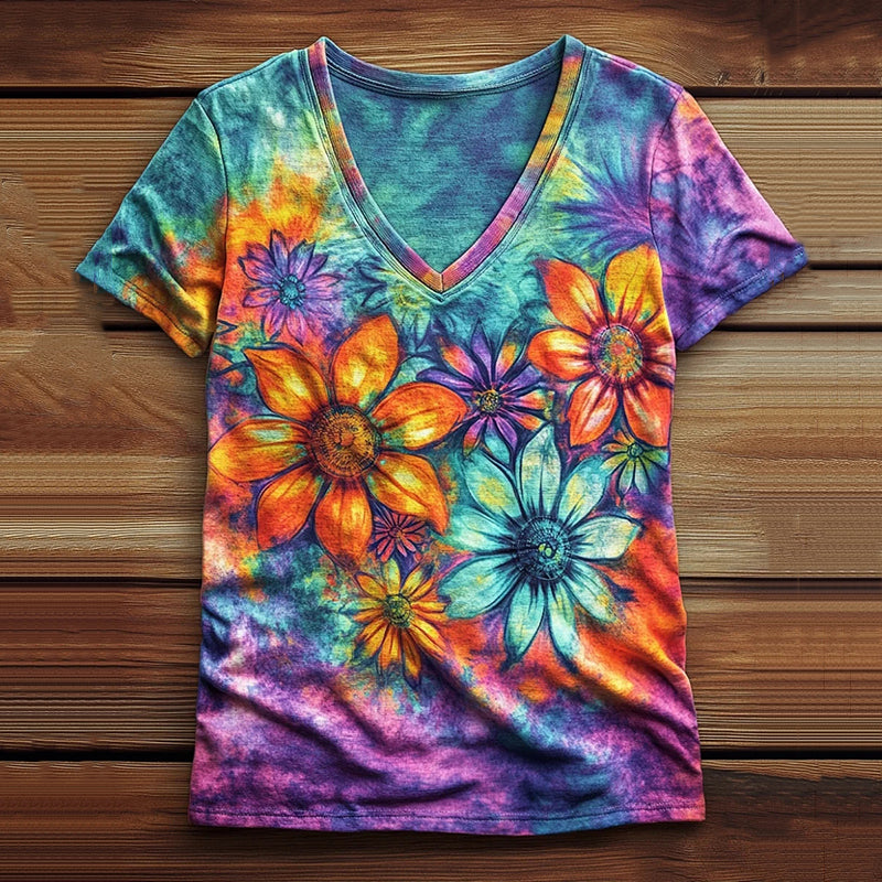 Comstylish Women's Tie-dye Sunflower Floral Art Casual V-neck T-shirt