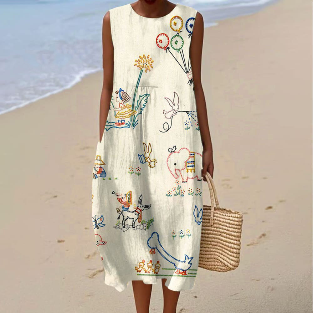 Women's Retro Cute Dogs And Elephant Art Print Sleeveless Dress elevenforest