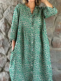 Women's Elegant Vintage Floral Pattern Shirt Style Cotton and Linen Dr