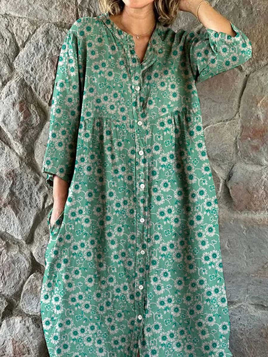 Women's Elegant Vintage Floral Pattern Shirt Style Cotton and Linen Dr