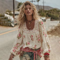 Women's Bohemian Style Vacation Romantic Rose Round Neck Comfortable Linen Top elevenforest