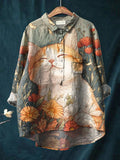 Women's Cute Orange Kitten Flowers Print Casual Cotton And Linen Shirt