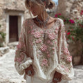 Women's Pink Flower Embroidery Art Round Neck Long Sleeve Linen Blend T-shirt elevenforest