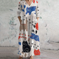 Vintage Graffiti Cat  Art Pattern Women's Linen Dress elevenforest