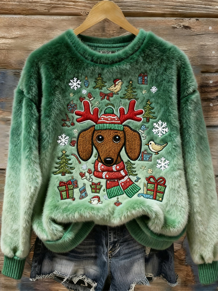 Comstylish Christmas Scarf Dog Women's Cozy Flannel Sweater