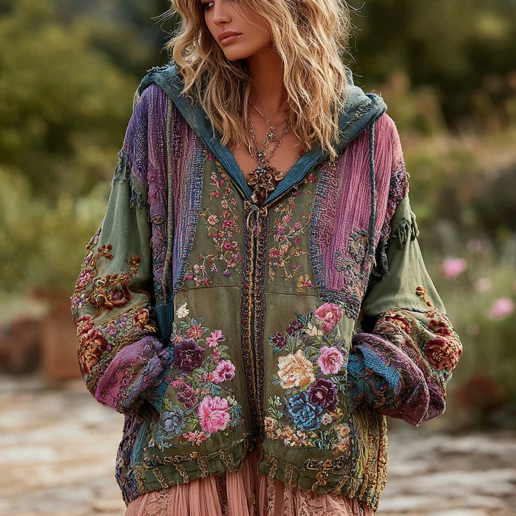 Women's Vintage Floral Pattern Comfortable Warm Zip Hooded Cardigan elevenforest