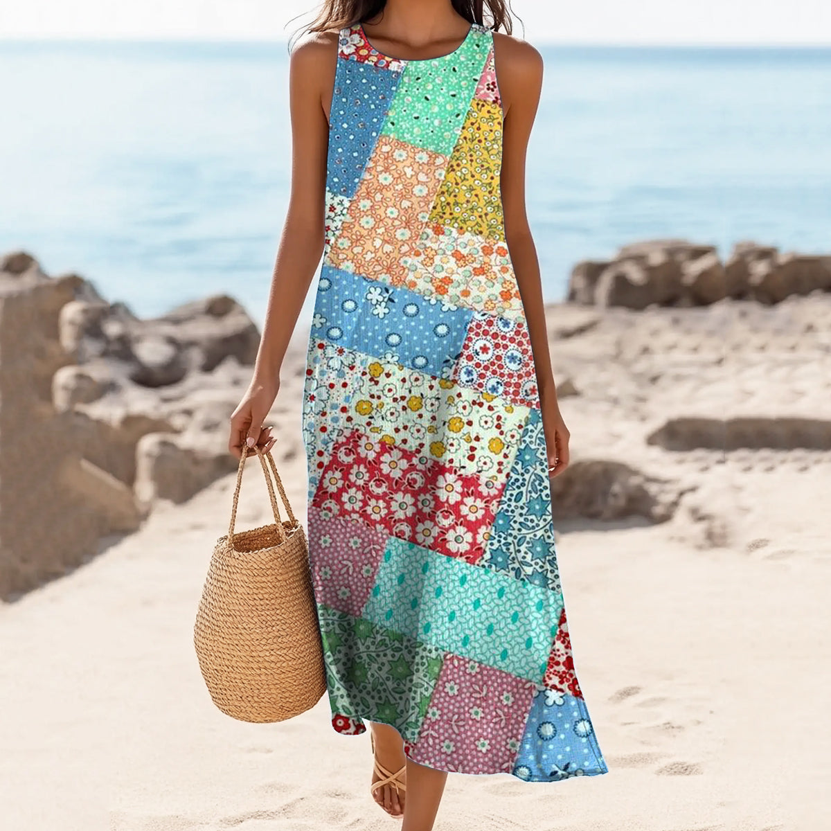 Women's Vintage Floral Patchwork Art Print Sleeveless Dress elevenforest