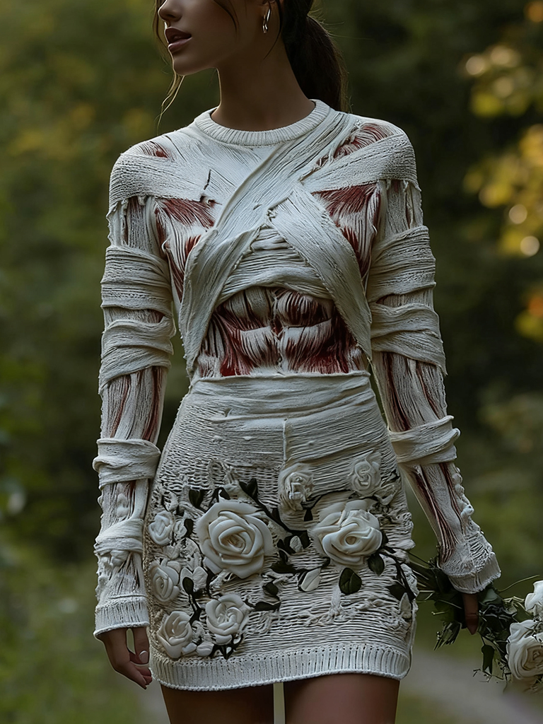 Women's Halloween Muscle Anatomy Bandage With Rose Art Cozy Knit Mini Sweater Dress elevenforest