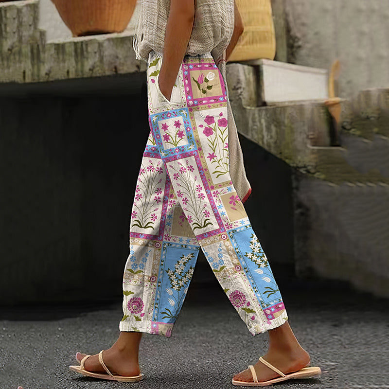 Women's Retro Geometric Floral Art Cotton And Linen Casual Pants elevenforest
