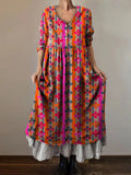 Women's Colorful Stripe Art Print V-Neck Button Pocket Cotton Dress