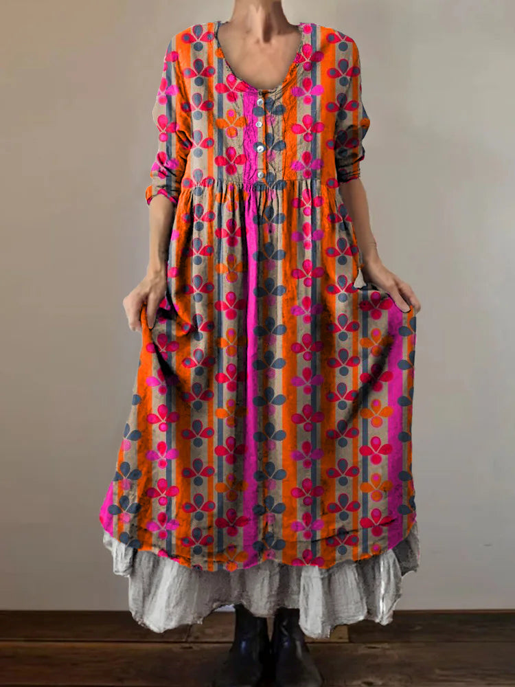 Women's Colorful Stripe Art Print V-Neck Button Pocket Cotton Dress