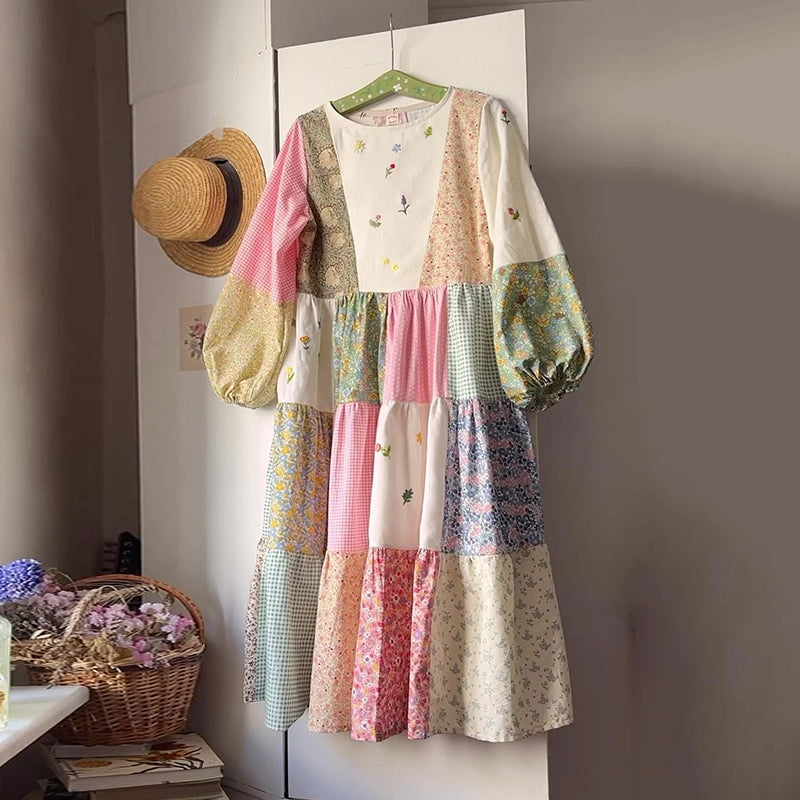 Women's Vintage Bohemian Floral Patch Comfort Dress elevenforest