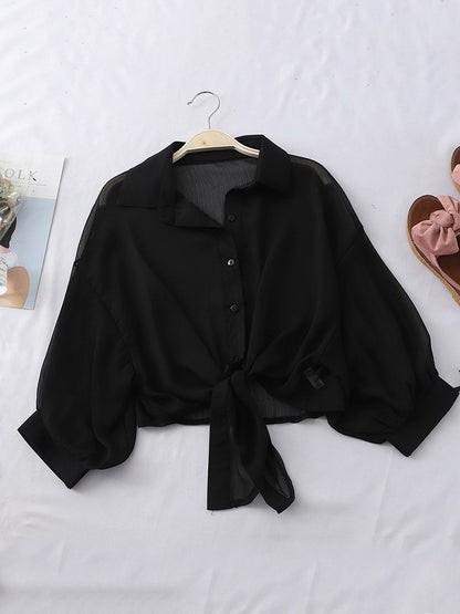 Chiffon Shirts Summer Half Sleeve Buttoned Up Shirt Loose Blouse Tied Waist Blouses for