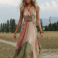 Women's Retro Floral Art Linen Suspenders Dress elevenforest