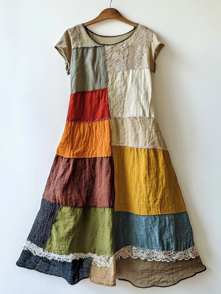 Elegant Lace Patchwork Art Linen Blend Dress elevenforest