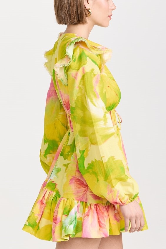 V-neck Frill Lantern Sleeve Mini Dress
