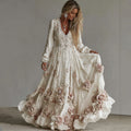 Women's Vintage Roses Art Print V-neck Long Sleeve Maxi Dress elevenforest