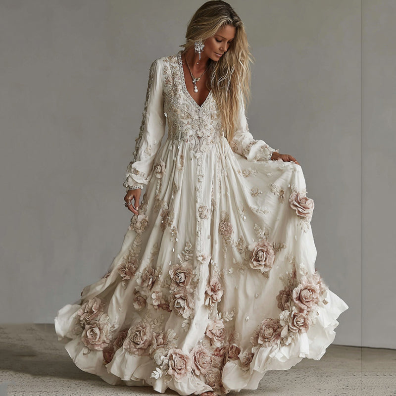 Women's Vintage Roses Art Print V-neck Long Sleeve Maxi Dress elevenforest