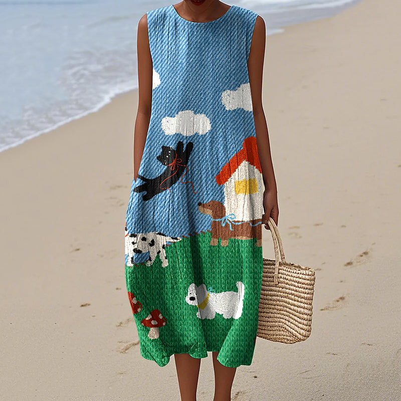 Women's Retro Dogs Art Print Tank Dress elevenforest