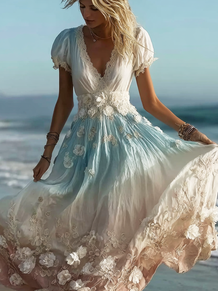 Bohemian Style Plant Flower Gradient Color Long Dress elevenforest
