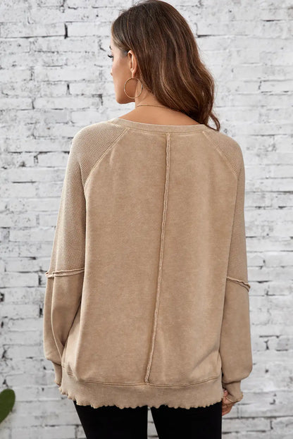 French Beige Waffle Knit Raglan Sweatshirt