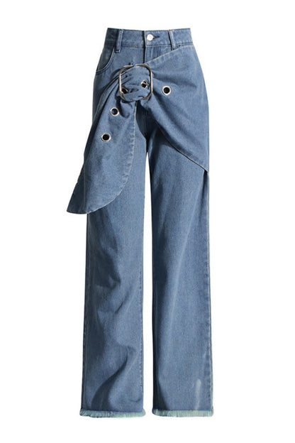 Color Patchwork Mid Waist Straight Denim Jeans