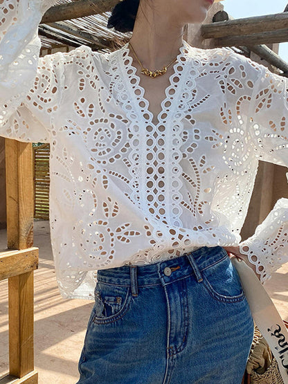 Long Sleeves Loose Hollow See-through Color Split-joint V-neck Blouses&shirts Tops