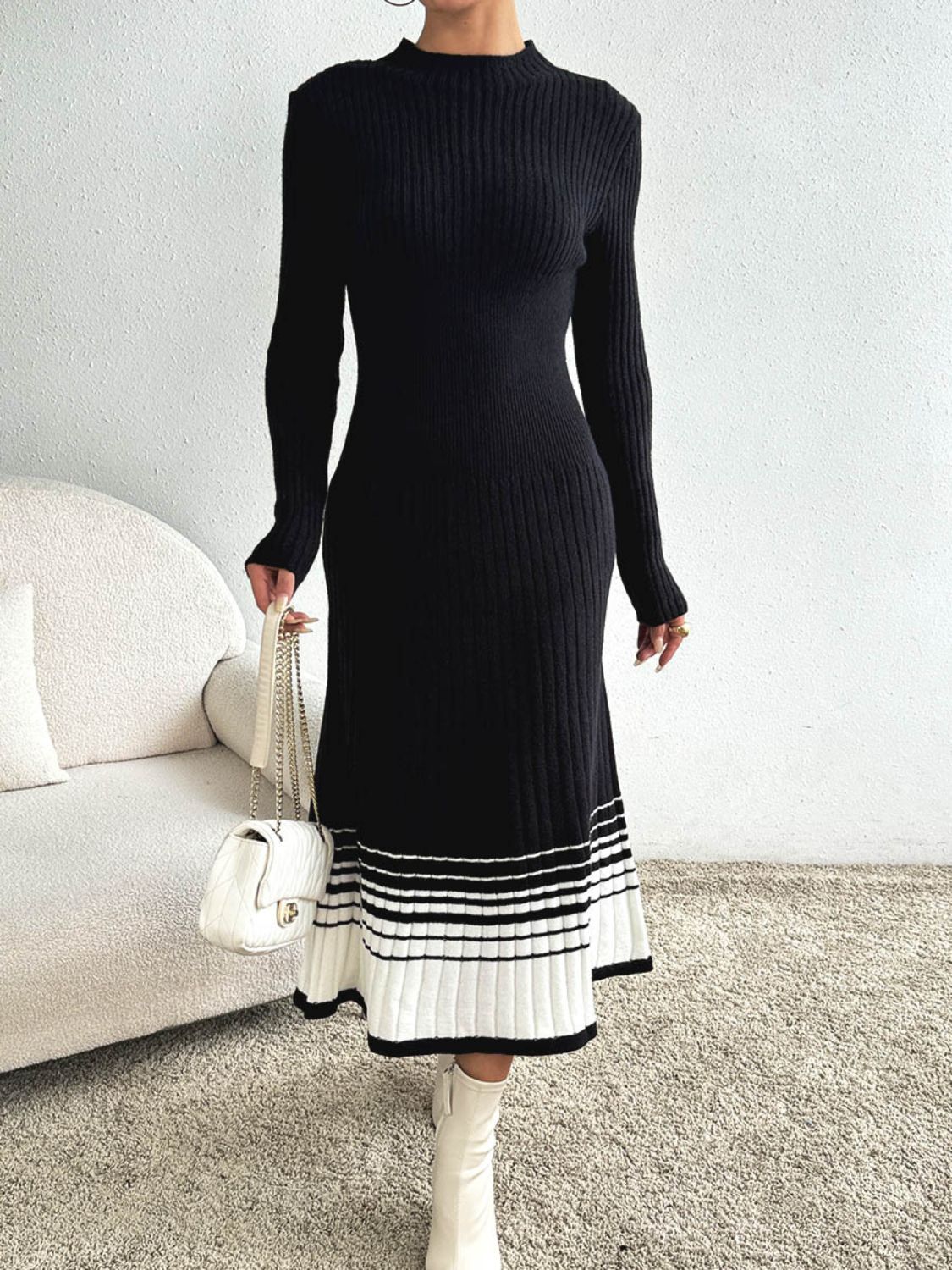 Cristina® | Contrasting colored sweater dress with a stand-up collar and long sleeves