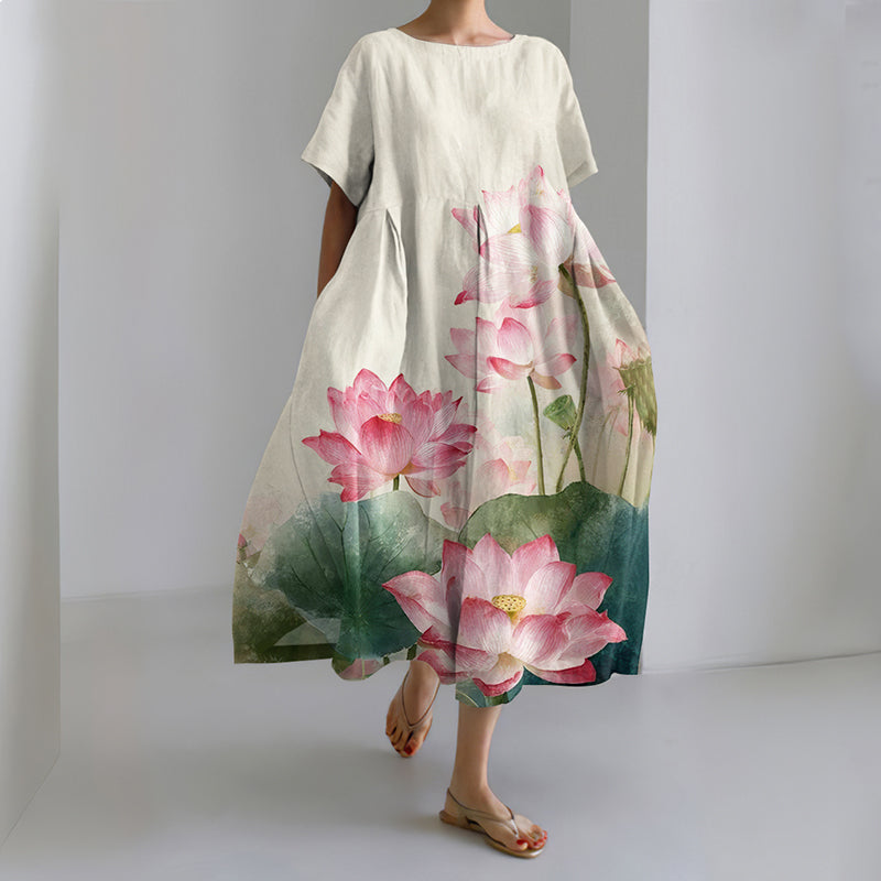 Comstylish Women's Japanese Art Floral Painting Midi Dress