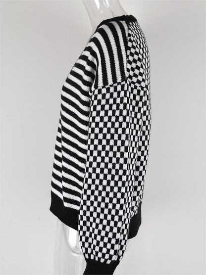 Autumn Winter Knitted Plaid Stitching Striped Cardigan Coat Sweater